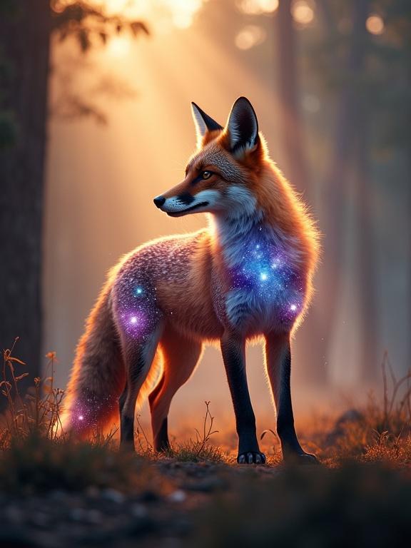 Hyperrealistic photograph of a cosmic fox in an ancient forest at dawn. The fox embodies swirling galaxies with glowing light. Sunbeams filter through trees creating an ethereal glow. The focus is on cosmic details and tranquil scenery.