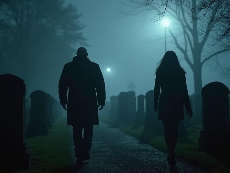 Graveyard scene in Edinburgh at midnight. Foggy atmosphere with dramatic lighting. Two figures in silhouette moving quickly on opposite sides of the frame. They are lightly touching the grave stones. Distant perspective.