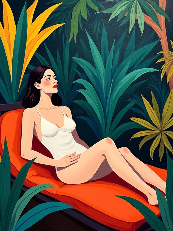 A woman lounges among abstract foliage. She wears a white swimsuit and reclines on an orange lounge chair. The background features tall green plants. The style is inspired by Matisse's Fauvism. Bold color blocks and flat brushwork create an exotic and relaxed atmosphere. The woman is positioned in the lower third of the composition.