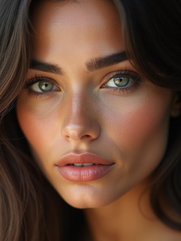 Hyper-realistic portrait of a stunning supermodel with detailed face and captivating eyes. Serene expression visible.