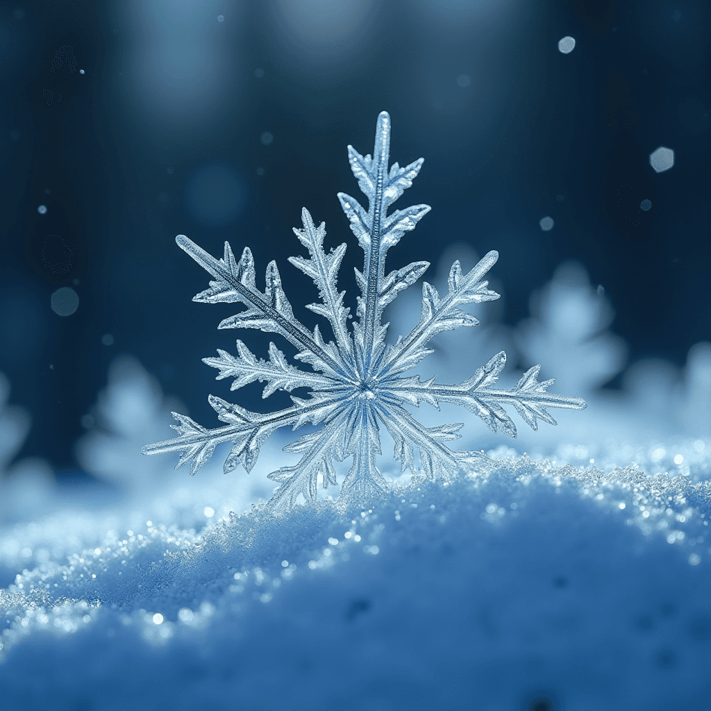 A delicate snowflake rests on glittering snow with a dark blue background.