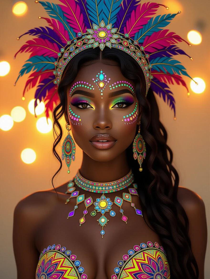 Artistic nude depiction of a young black woman with intricate body painting and Caribbean carnival outfit in neon and fluorescent colors. Warm lighting enhances her glowing complexion. Background has a soft glow of lights creating a lively atmosphere. Full body view, very realistic, high details, 4K quality.