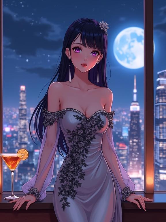 A breathtaking sexy woman stands gracefully in front of a large window inside an upscale lounge. She has sharp violet eyes and long dark violet hair. She wears a shiny silver gown with romantic sleeves. Gorgeous floral patterns adorn the dress. The setting includes a gold cocktail on the bar counter. A vibrant city skyline glows in the background with a magical moonlit ambiance.