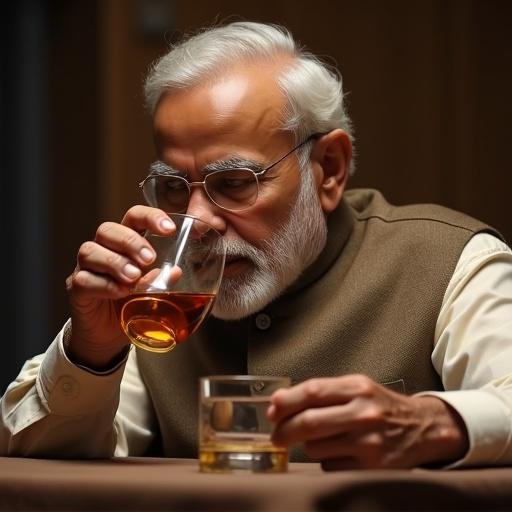 A close-up photo of a political figure enjoying a drink. The person has gray hair and is dressed in a traditional outfit. A glass of whiskey is in hand while another glass is on the table.