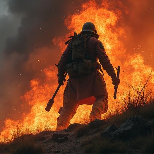 Soldier in silhouette stands defiantly amid flames. Dramatic scene emphasizes struggle against terror and chaos. The theme conveys justice and resistance as powerful forces.