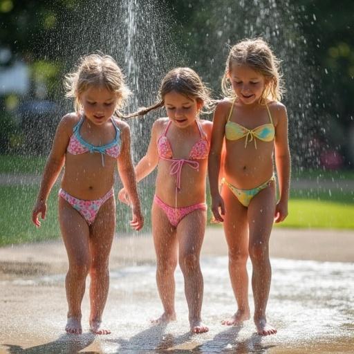 Three cute little girls in oversized bikinis engage in play under sprinklers. Joyful expressions and outdoor fun are highlighted.