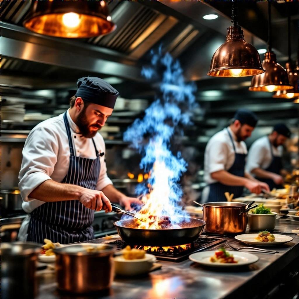 A chef flambés a dish in a busy fine-dining kitchen. Blue flames rise from the skillet. Copper pots shine under pendant lighting. Sous chefs are chopping and plating dishes quickly. The kitchen is alive with heat and quick movements.