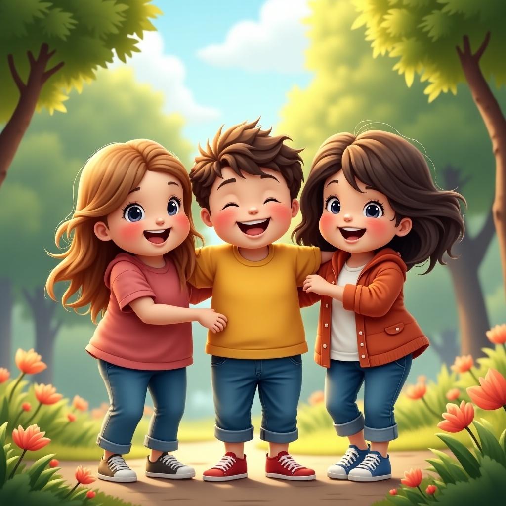 Three children joyfully embracing each other in a sunny park. Two girls and one boy appear cheerful and friendly. Lush greenery and blooming flowers surround them. They are dressed casually in vibrant clothing.