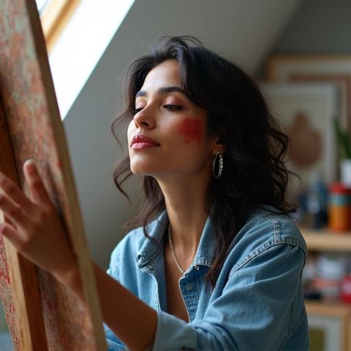 30-year-old Mexican artist mixing paint in studio with a smudge of cadmium red on cheek. Dark hair in loose waves, worn denim shirt unbuttoned. Silver hoop earring as she checks canvas. Soft light from skylight illuminates fine lines around her eyes. Hands stained with acrylics. Artistic clutter in background.