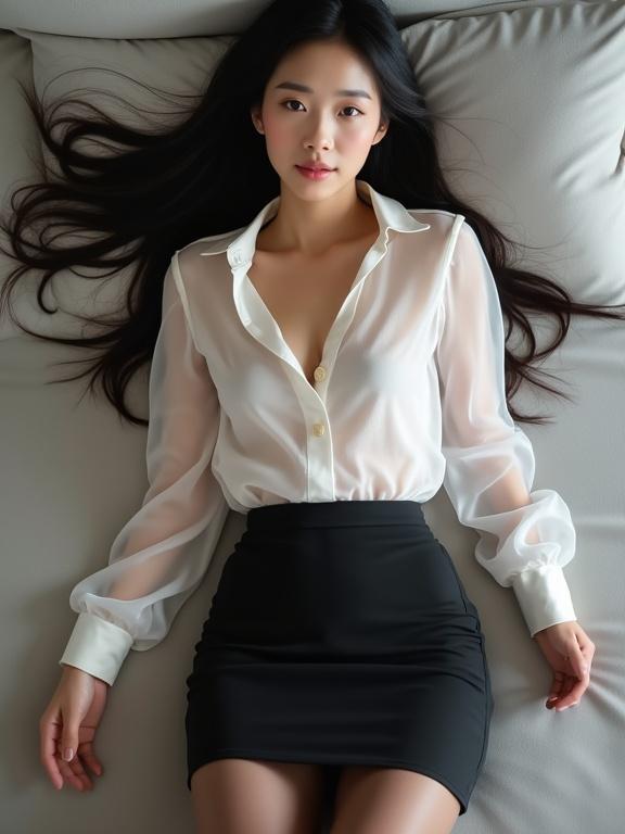Full-body view of a graceful East Asian woman reclining on a table. She wears a sheer white blouse and a black mini skirt. Smooth black pantyhose and closed-toe slingback heels enhance elegance. Long black hair flows down in a chic style. The background shows a modern, softly lit space.