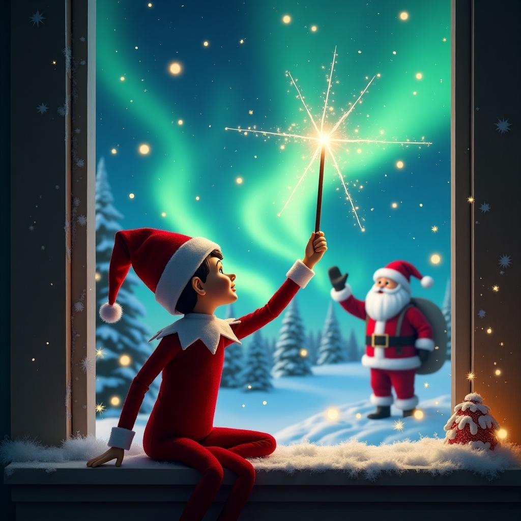 An elf on the shelf is sitting on a windowsill, with his back to the viewer, gazing out into a magical Christmas night. He's holding a sparkling wand that writes 'Scarlett' in the sky. The background showcases a breathtaking display of northern lights, illuminating the winter scene. In the distance, Santa Claus waves cheerfully, adding to the festive atmosphere. The scene is filled with soft snow, and a cozy holiday feel, drawing viewers into the enchanting moment.