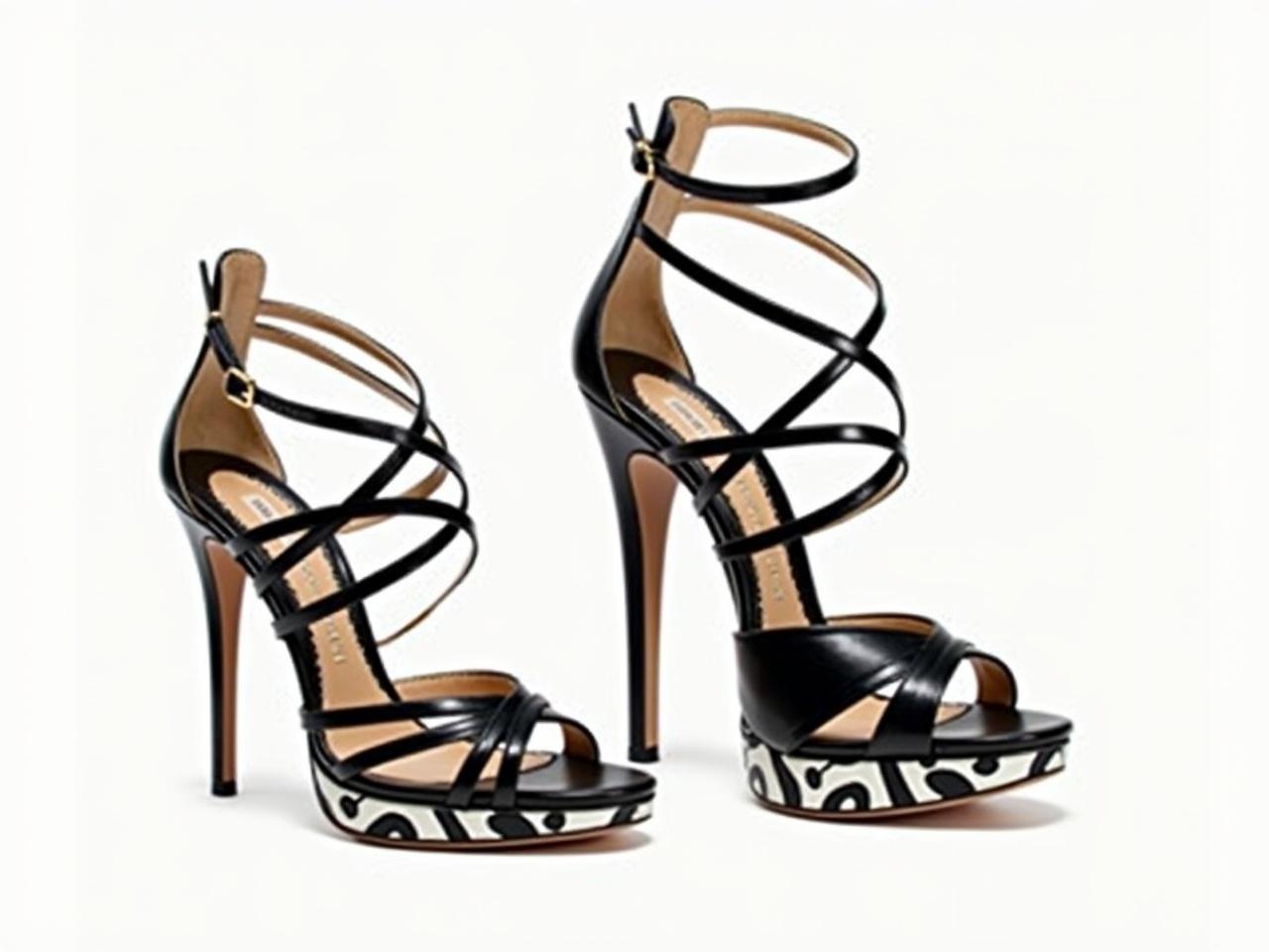 The image features a pair of high-heeled shoes. These are stylish black strappy sandals with a very high stiletto heel. The bottom part of the heel has a unique design with a white and black pattern. The sandals have a shiny, glossy finish, giving them a modern look. The straps are delicately arranged, creating an elegant silhouette. These shoes would be suitable for a formal event or a night out.