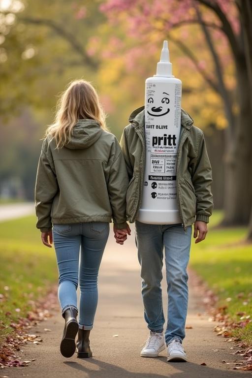 A casual spring stroll in Hyde Park. A couple walks hand in hand. Woman wears casual clothes. Boyfriend is an anthropomorphic glue stick. 'Pritt' branding printed on it. They appear joyful and in love.