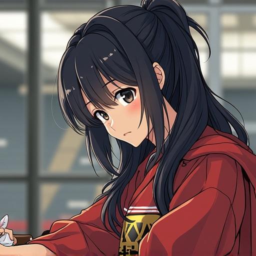 Anime character focused on a hobby seated at a table. Female character wearing a red kimono. Character has long black hair. Emphasis on the enjoyment of the activity. Background suggests a casual environment.