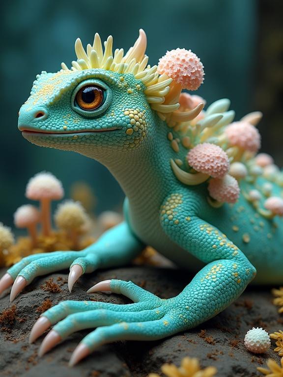 A fantastical reptilian creature in a colorful fantasy environment. Features smooth scales of teal, turquoise, and aqua green. Intricate textures with vibrant mushrooms and fungi growing on its body. Large amber eyes conveying wisdom. Surrounded by deep forest colors and magical elements. Poised and sentient expression.