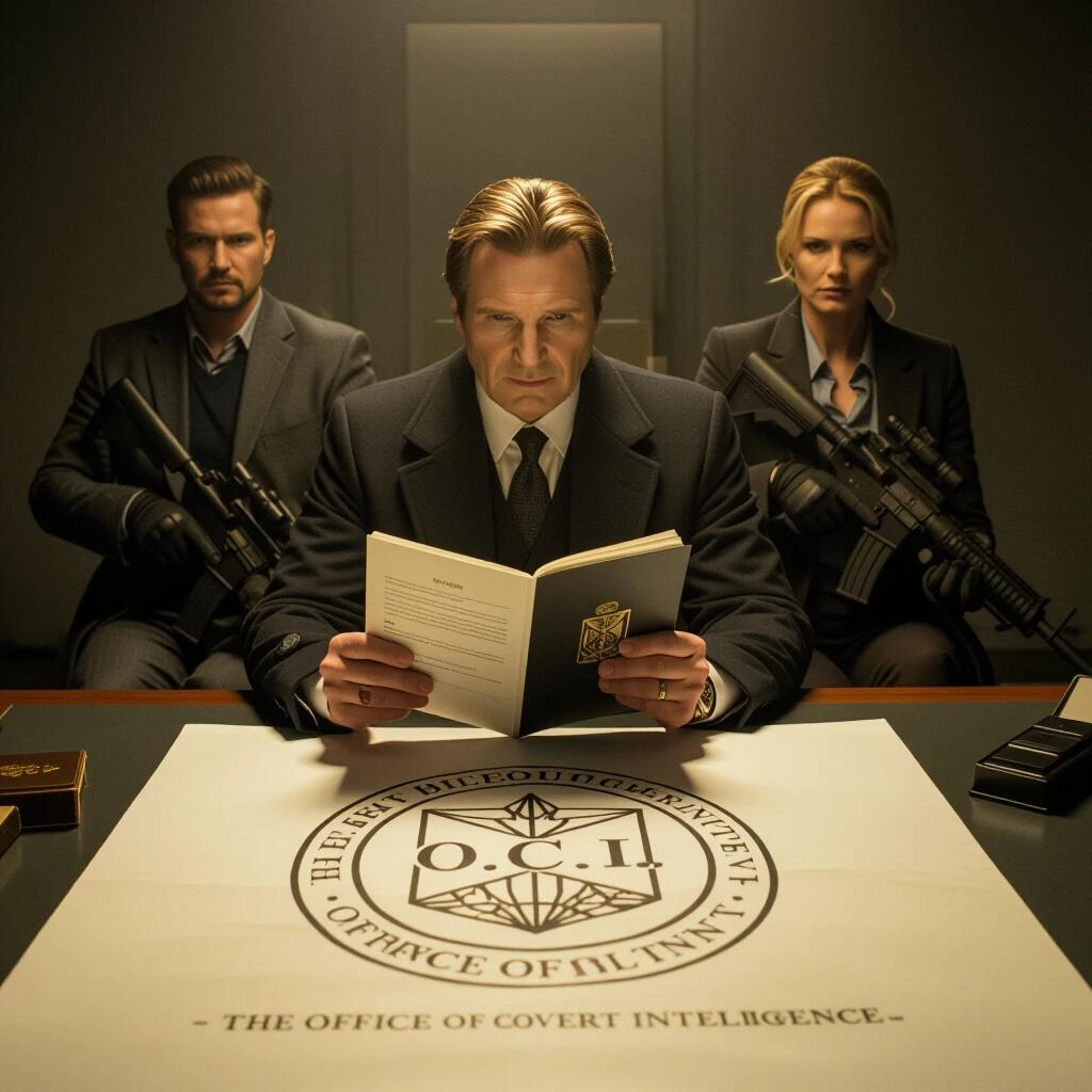 Intense scene in an intelligence chamber featuring a man reading a dossier under the O.C.I. emblem. Two armed figures are positioned behind him with guarded expressions.