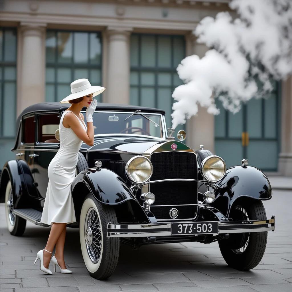 A woman wears a white cloche hat and a very short white dress. She stands beside a vintage black Mercedes-Benz 18/100 PS Sportwagen. The car's hood is fully open and steam is geysering from the engine. The woman leans over the left-side fender with her palms pressed to her cheeks. The scene captures the comedic despair as she looks at the engine.