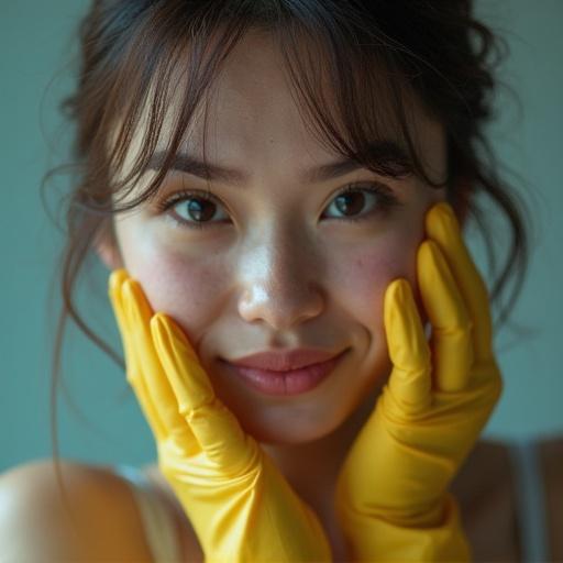 A woman poses with a gentle smile wearing bright yellow latex gloves. Hands frame her face. Natural lighting highlights her features.
