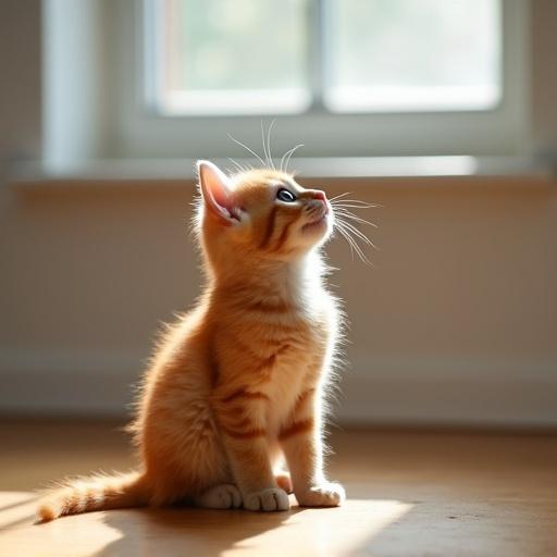 Tiny fluffy ginger kitten sits near a windowsill in a well-kept room. Kitten looks upward with curiosity. Clean hardwood floors and plain walls. Soft light streams through the window. Bright orange fur contrasts muted tones. Body slightly crouched with tense hind legs. Tiny front paws rest on the floor. Tip of tail twitches. Sense of playful challenge from windowsill out of reach. Sunbeam catches dust particles. Ears perked forward, whiskers tremble with excitement. Empty room emphasizes small size and determination.