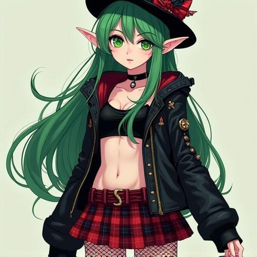A gothic anime-style female elf character with green eyes and cute face. Long hair styled to one side. Wears fishnet leggings, plaid skirt, leather spiked jacket. Accessories include a top hat and spiked choker. High quality and aesthetically pleasing digital art suitable for merchandise.