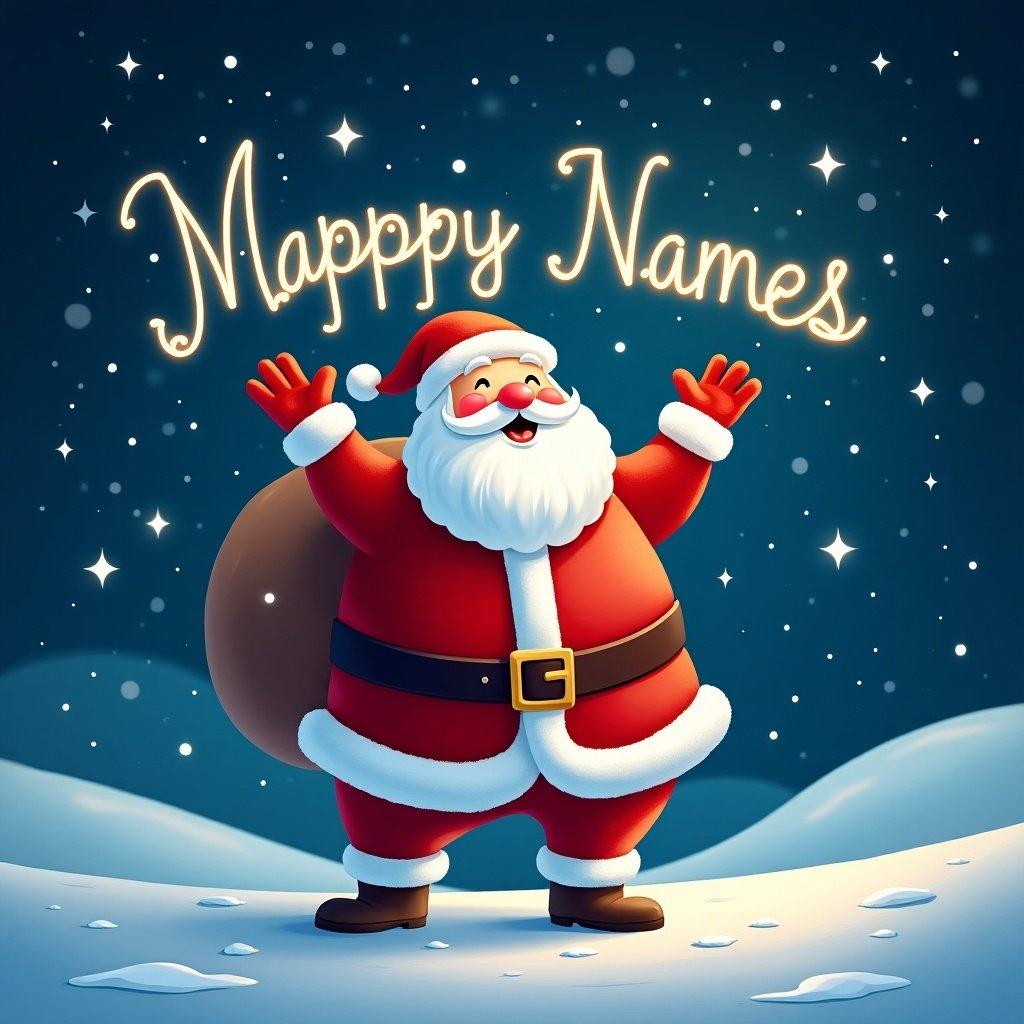 This image depicts Santa Claus joyfully standing in a winter wonderland. He is wearing his classic red suit trimmed with white fur, a red hat, and a black belt. With arms outstretched, he appears excited and cheerful. In the starry night sky above him, the phrase 'Mappy Names' is written in glowing letters. The soft snow covers the ground, adding to the magical atmosphere of the scene. This captures the spirit of Christmas cheer and the joy of gift-giving.