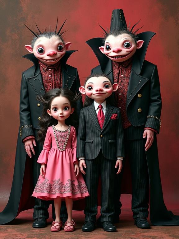 A surreal whimsical portrait of a vampire family. They wear eccentric pink and black attire with intricate patterns. Includes pin-striped suits and paisley designs. Background features brown and red tones with lyrical abstraction, inspired by Harlem Renaissance. Art style mirrors elements of Kandinsky, Studio Ghibli, and Gustav Klimt.