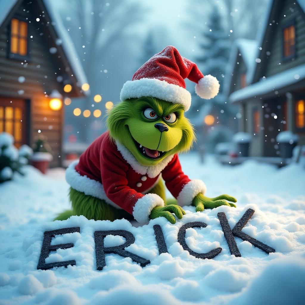 Grinch writes name ERICK in fresh snow. Snowy landscape shows Grinch in red and white Christmas outfit. Snowflakes gently fall around. Joyful expression on Grinch's face. Cozy cottages with warm lights add to the festive feel.