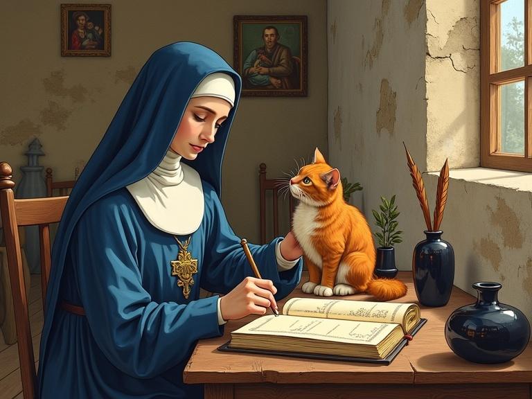 A nun in indigo robes pets a ginger cat while illuminating a manuscript in a convent scriptorium. Wooden table displays ink pots and quills. Late-15th-century art style with fine details and warm light.
