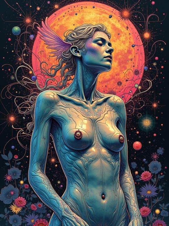 A celestial nude deity depicted in vibrant colors. The figure is surrounded by celestial motifs. Includes elements of stained glass and surreal visuals with abstract backgrounds. The scene has ethereal qualities with glowing effects.