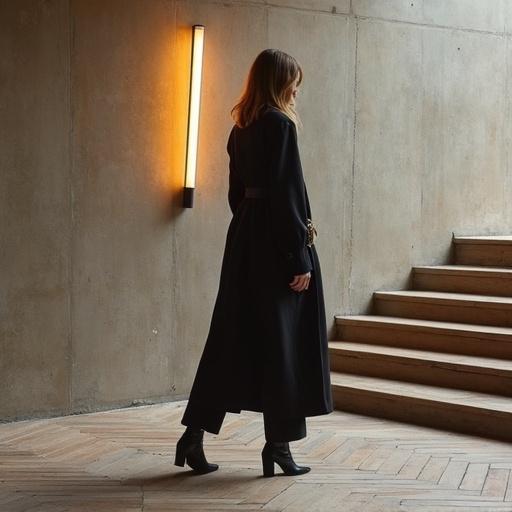 Establishing shot features a girl in an elegant urban outfit posing by a wall with light. Herringbone pattern on the floor complements wooden stairs. The setting is minimalistic with a focus on textures and modern design elements. The girl has golden chains embellishing the outfit.