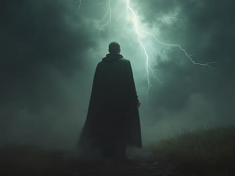 Enoch stands firm in a storm with a glowing aura. The image captures realistic style and dramatic lighting. Aspect ratio of 9:16 is used.