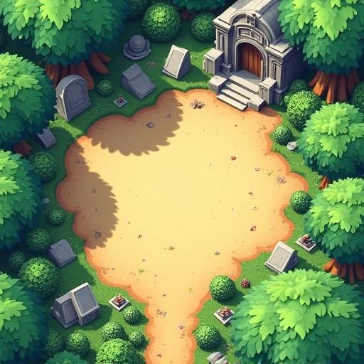 2D top-down view of a clearing landscape in Super Mario visual style presenting lush natural scenery. Sparse tombstones and mausoleums scattered across. More trees, bushes, hedges, and rocks dominate the scene. Includes a few buildings and decorative structures like statues or fountains. Wide area coverage from a zoomed-out perspective, smoothing lighting and textures, no central focus.