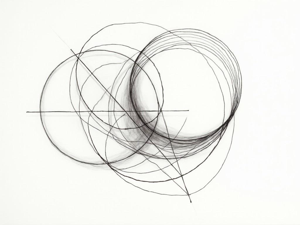 This image features an abstract sketch composed of multiple geometric elements. It includes circles, lines, and conic sections like parabolas, ellipses, and hyperbolas. The artwork is executed using black charcoal on a white background. The circular shapes overlap, creating intricate patterns. The lines are drawn in a parallel and oblique fashion, enhancing the overall composition's complexity. This geometric arrangement invites viewers to explore the relationships between the figures and the intersections of the lines and curves.