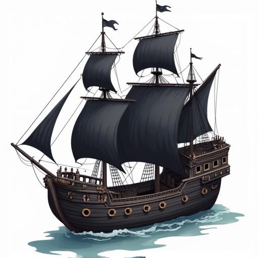 Medieval pirate ship in black color depicted in vector style with matte finish. The ship features a construction aesthetic with cel shading and clean lines. No gradients or rendering present. Image is centered and fully visible from a wide shot in isometric perspective.