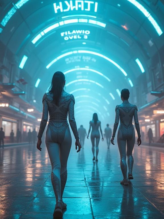 Futuristic city under glass domes features neon blue lights. Flying vehicles hover above. AI robots walk alongside humans. Women in sci-fi uniforms stroll with floating holographic screens. Suits adorned with Rajasthani patterns. Images are ultra-HD and hyperrealistic.
