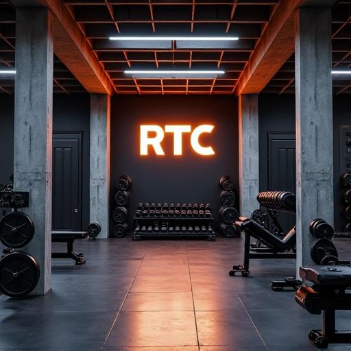 High-end gym interior is designed with industrial style. Dark colors dominate with gray and black hues. Concrete pillars add a modern touch. LED lights in a geometric ceiling create ambiance. Facility is filled with professional equipment like dumbbells and benches organized well. Floor is glossy rubber for a sleek appearance. Warm lighting provides inviting feel. Bold logo 'RTC' is prominently displayed on the wall. High resolution image showcases cinematic lighting.