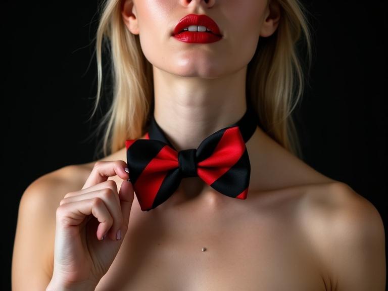 Photograph features woman holding black bowtie against black background. She has light blonde hair with bright red lips. Small silver piercing on her lip. Skin is fair and shoulder visible. Bowtie has red and black stripes. Focus on lower half of face and upper chest. Natural nails and soft lighting accentuate features.