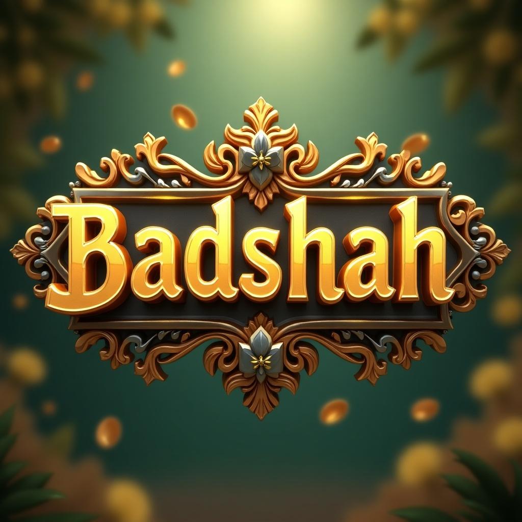 Golden text BADSHAH in 3D with a blurry green background. Detailed design with elements of gold and silver. Incorporates themes of luxury and gaming.