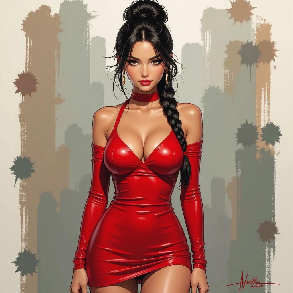 Acrylic and ink pen drawing shows a woman with a dark bun and braids. She wears a tight-fitting red sheath dress with a short skirt. The background is scratched and scuffed with deep colors. The artistic style resembles Eiichiro Oda and Manara with influences from Louis Royo.