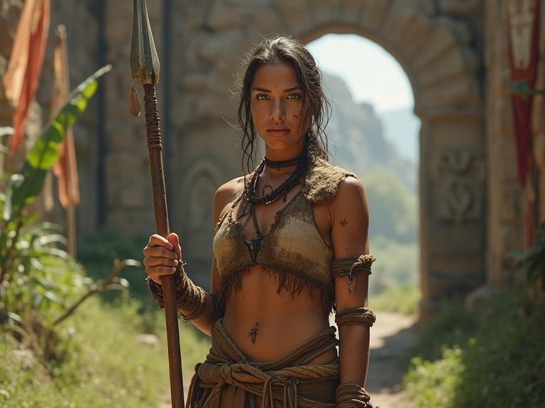 Photorealistic medium shot featuring a proud huntress at the village entrance holding a bronze-bladed spear. She has a muscular build shaped by a life of pursuit. Skin appears weathered with scars and tribal tattoos. Her clothing is handmade and functional. Background includes overgrown city ruins with banners and a stone archway. Lighting is warm with a natural color setting.