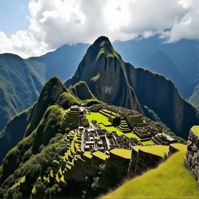 A stunning ancient city with stone structures is nestled among green, terraced hills and towering mountains.