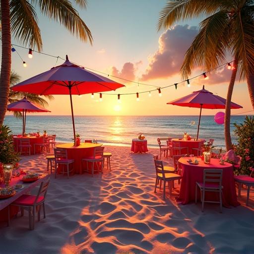 Vibrant beach party scene at sunset. Colorful decorations include string lights and beach umbrellas. Festive tables with tropical drinks and snacks. Playful party items on smooth sand. Atmosphere is lively and inviting. No people, no logos visible. Ocean glows in the background, palm trees sway gently. Realistic and detailed beach party setting.