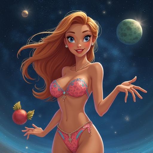 Character in bikini with strawberry, cosmic background, colorful and playful