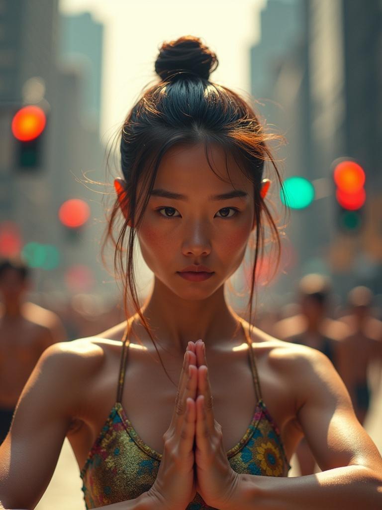 A vibrant portrait of a young Asian woman practicing yoga in the city. She performs a warrior pose. Close-up view shows her intense expression, glistening sweat and hair on her forehead. Cinematic lighting creates golden warmth. Background features blurred crowds and traffic lights. Surreal elements include floating mats and distorted skyscrapers. Photorealistic textures with impressionistic details.