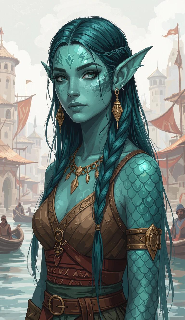 Acrylic painting style illustration of a young druidic fish-girl with sharp finned ears and teal colored skin. Fish scaled skin is visible. The background shows a brutal ancient Therosian fantasy port city. The character wears Theros fantasy clothing. She is depicted as a celestial druid with long slick-backed teal hair and teal scaled skin.