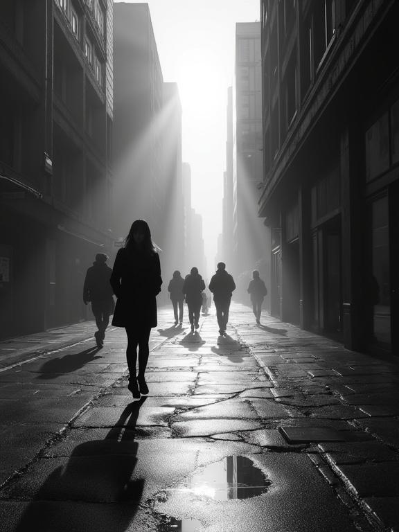 High contrast black and white street photograph. Surreal urban dreamscape. Abstract figures blur in motion. Light sources cast long shadows on pavement. Leading lines draw attention into depth. Mysterious and introspective mood. Sharp focus on textures contrasts with blurred figures. Award-winning street photography masterpiece.