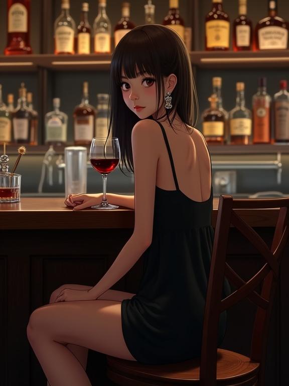 A woman with an elegant style sits on a wooden chair at a bar counter. She wears a black camisole-dress. A glass of red wine sits on the counter. Behind her are shelves filled with whiskey and bourbon bottles. The scene has a soft, dark ambiance created by indirect lighting.