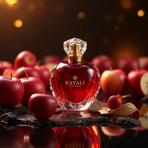 Luxurious redesigned perfume bottle inspired by KAYALI Eden Juicy Apple. Bottle shaped like a faceted apple made from glossy red glass with deep gemstone-like cuts. Cap resembles a golden apple stem with a crystal crown. KAYALI logo engraved in gold. Surrounded by shiny deep red apples on a black marble surface with golden reflections. Soft cinematic lighting accentuates the bottle and surrounding elements. Dark blurred orchard background filled with glowing apples.