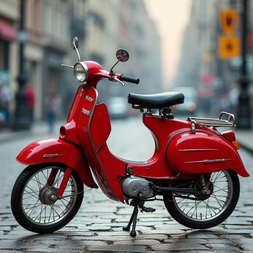 A red vintage scooter parked on a cobblestone street. Background shows blurred urban buildings. The scooter has a shiny appearance with chrome accents and a streamlined design. It gives a nostalgic feel with its classic features.