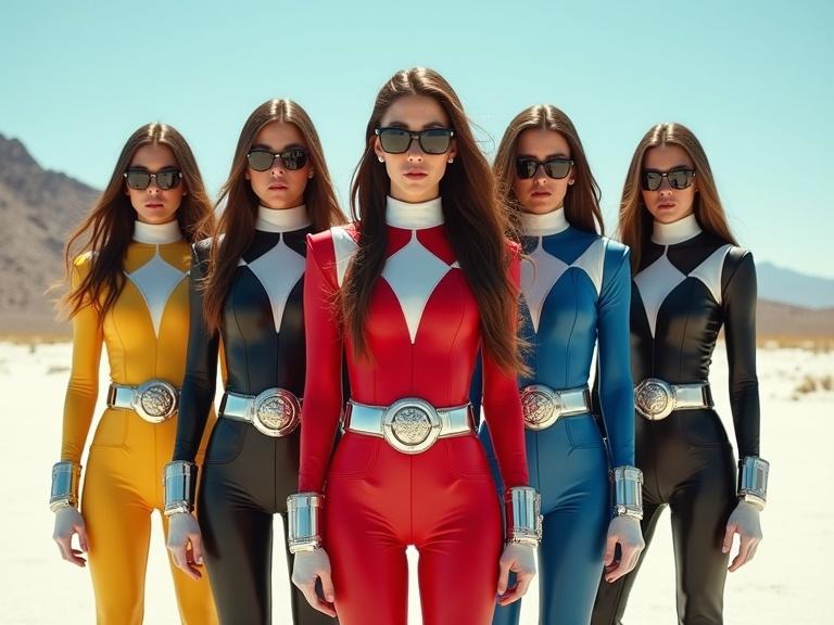 Five female figures in power ranger suits stand in a desert. They wear red, blue, black, yellow, and white suits. Suits are sleek with chrome metallic belts. Long hair flows in the wind. The sky is bright and clear. Sand stretches in the background.